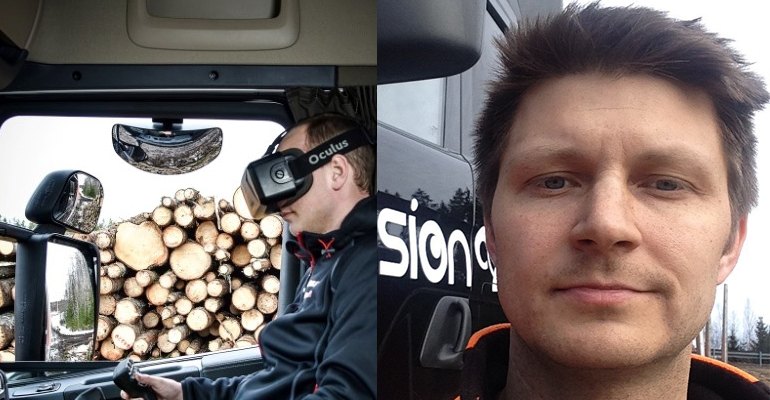 （右）使用储存驾驶室从驱动器驾驶室装载。（左）来自家庭奔跑的哑光AckestenÅkeriaåkeriab是世界上第一家木材拖车公司，以替换一对VR谷歌的起重机驾驶室（照片礼貌的照片）。