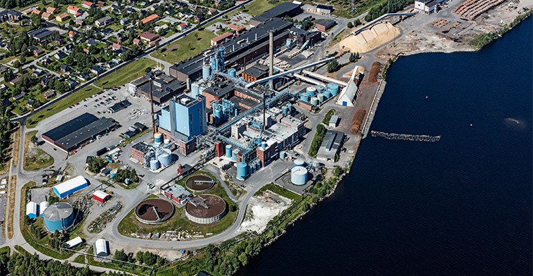 Sca的obbola造纸厂鸟瞰图在Umeå，瑞典（照片礼貌bergslagsbilden）。